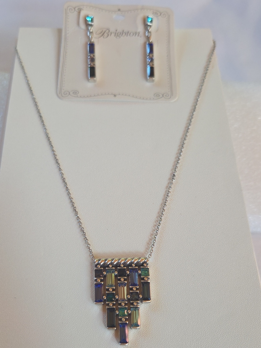 Brighton Iridescent Multicolor Baguette Pendant and Drop Earring Set - Silver